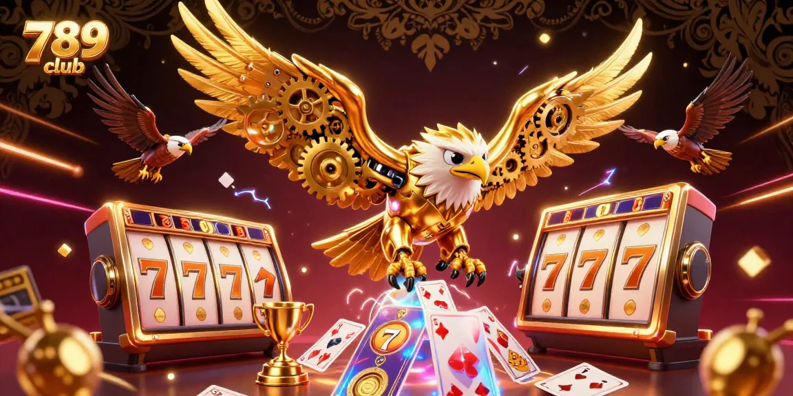 Experience the thrill of 789 club with dynamic casino elements like slot reels and a cybernetic eagle.