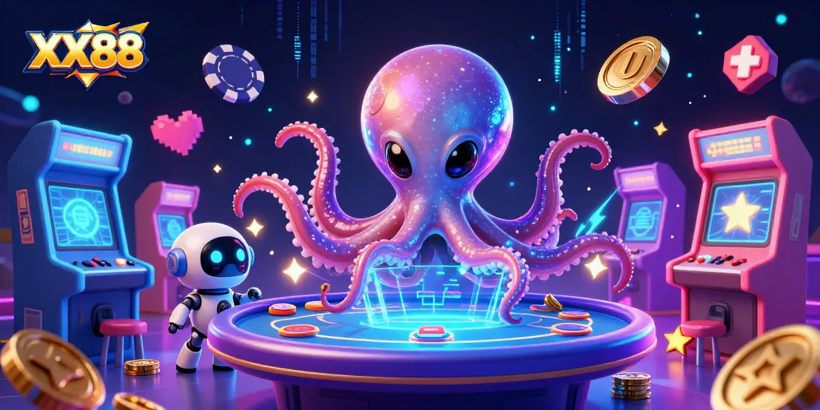 Experience poker excitement at XX88, where a vibrant alien octopus masters the game amidst dazzling casino visuals.