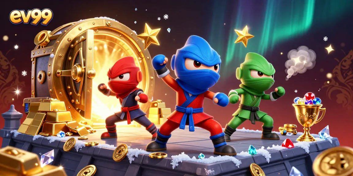 ev99 players enjoy immersive gaming with a dynamic scene featuring ninja chameleons amidst treasure.