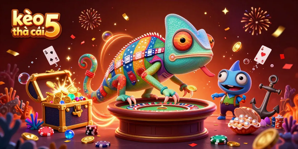Experience thrilling action with kèo nhà cái 5, featuring a colorful chameleon casino owner amidst vibrant gambling elements.