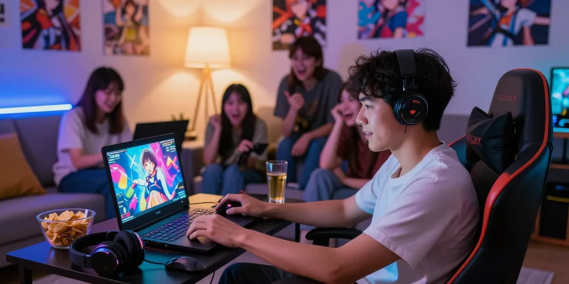 Enjoying ecchi games online in a cozy living room with friends.
