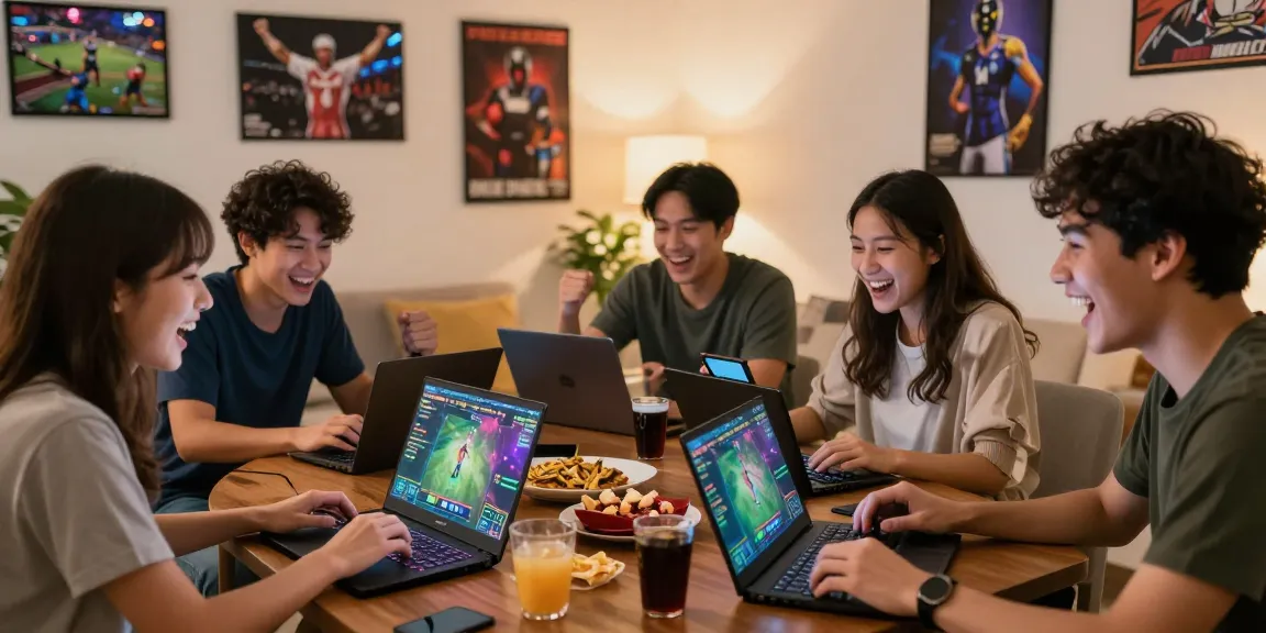 Group of friends enjoying online betting games at home, exploring entertainment at https://hm88.review/ with vibrant atmosphere.