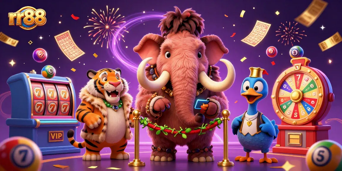 Experience excitement at rr88 with a dynamic casino scene featuring a woolly mammoth bouncer, VIP saber-tooth tiger, and colorful game elements.