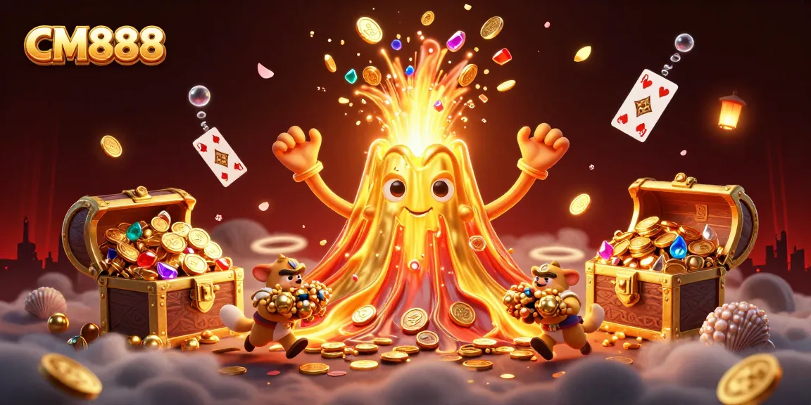 Experience the thrill of CM888 as a golden volcano erupts treasure amidst dynamic casino elements.