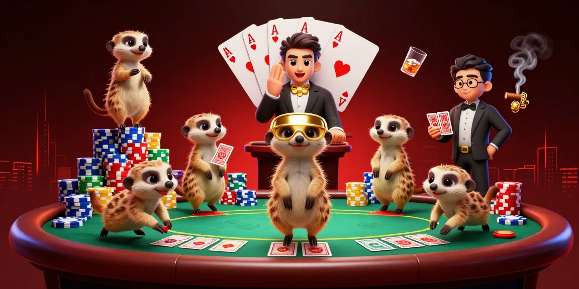 Experience the thrill of fly88 with meerkats managing a vibrant casino scene filled with poker excitement.