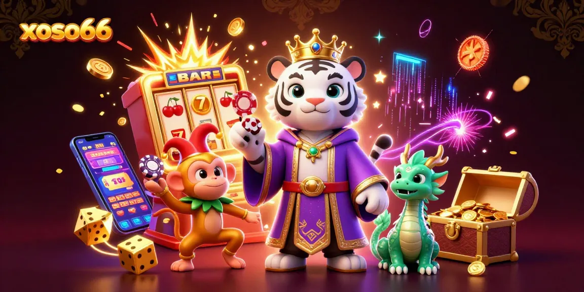 xoso66 showcases a vibrant scene with a royal tiger, monkey juggling chips, and dynamic casino elements.
