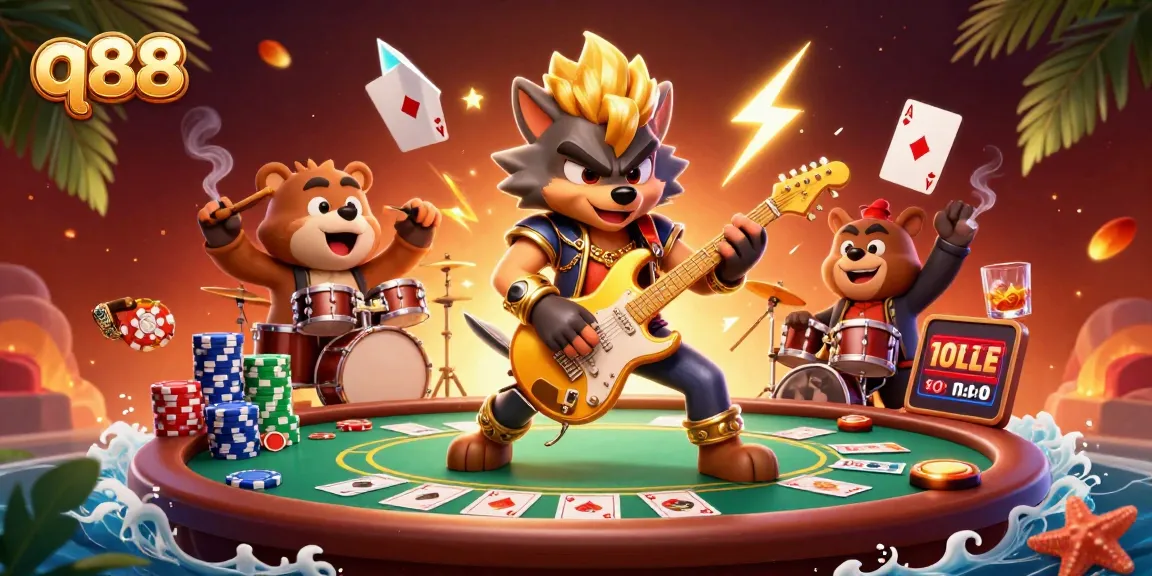 Engage in thrilling gameplay at q88 while watching a vibrant casino scene with cartoon characters.